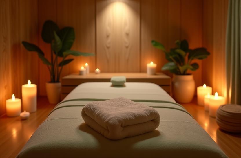 Tranquil massage room decorated with candles