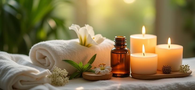 Close-up of essential oils, candles, and flowers on spa table